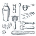 Cocktail bar tools and equipment sketch illustration. Hand drawn icons and design elements for bartender work Royalty Free Stock Photo