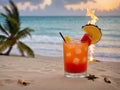 A Cocktail On The Beach With A Fire In The Background. Generative AI Royalty Free Stock Photo