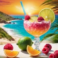 Cocktail on the beach at sunset, AI-generated. Royalty Free Stock Photo