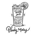 Cocktail Bloody Mary and its ingredients in vintage hand drawn style. Hand draw illustration