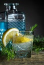 Cocktail with blue gin, tonic and lemon Royalty Free Stock Photo