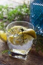 Cocktail with blue gin , tonic and lemon . Royalty Free Stock Photo