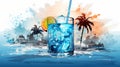 Cocktail Blue Lagoon illustration . Glass of blue lagoon cocktail on background with palms. Horizontal format. illustration Ai