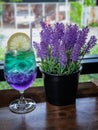 cocktail with yellow lemon and lavender in cafe Royalty Free Stock Photo