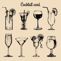 Cocktail card. Hand sketched alcoholic beverages glasses. Vector set of drinks illustrations, vodkatini, champagne etc. Royalty Free Stock Photo