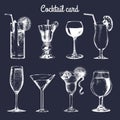 Cocktail card. Hand sketched alcoholic beverages glasses. Vector set of drinks illustrations, vodkatini, champagne etc. Royalty Free Stock Photo