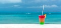 Cocktail with caribbean sea on background. Concept of beautiful tropical vacation Royalty Free Stock Photo