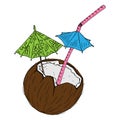 Cocktail in a coconut icon. Vector illustration of a broken coconut with a decorative umbrella for cocktails. Royalty Free Stock Photo