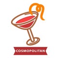 Cocktail Cosmopolitan of contemporary classics decorated with orange peel