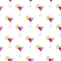 Pattern with cocktail cosmopolitan watercolor illustration, alcoholic drink for girls