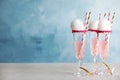 Cocktail with cotton candy in glasses on table Royalty Free Stock Photo