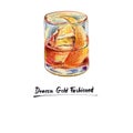 Cocktail Deacon gold fashioned, watercolor illustration