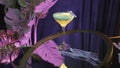 A cocktail decorated with feathers at a restaurant. Stock footage. Close up of alcoholic drink in martini glass standing Royalty Free Stock Photo