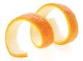 Cocktail decoration - peeled orange isolated on white background. Spiral skin of orange fruit, selective focus Royalty Free Stock Photo