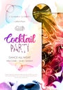 Cocktail disco party poster. Artistic lond island cocktail silhouette with alcohol ink texture. Marble texture background