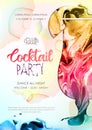 Cocktail disco party poster. Artistic tequila sunrise cocktail silhouette with alcohol ink texture. Marble texture background