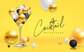 Cocktail disco party poster with 3d abstract spheres and golden disco ball. Cocktail background. Royalty Free Stock Photo