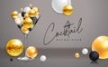 Cocktail disco party poster with 3d abstract spheres and golden disco ball. Cocktail background. Royalty Free Stock Photo