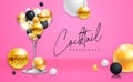 Cocktail disco party poster with 3d abstract spheres and golden disco ball. Cocktail background. Royalty Free Stock Photo