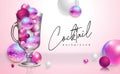 Cocktail disco party poster with 3d abstract spheres and pink disco ball. Cocktail background. Royalty Free Stock Photo