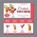 Cocktail discount voucher for cafe or restaurant. Modern style with hand drawn elements. Vector alcohol illustration Royalty Free Stock Photo