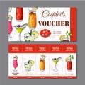 Cocktail discount voucher for cafe or restaurant. Modern style with hand drawn elements. Vector alcohol illustration Royalty Free Stock Photo