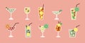 Cocktail drink alcohol. Glass aperitif, orange spritz, cosmopolitan, margarita menu isolated elements, summer bar Royalty Free Stock Photo