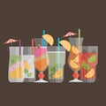 Cocktail drink fruit juice in flat design style. Retro style holiday cocktails. Set of alcoholic cocktails