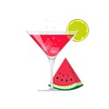 Cocktail drink glass vector illustration with ice and watermelon slice isolated on white flat cartoon design, fruit red Royalty Free Stock Photo