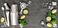 Cocktail drink ingredients lime mint ice Bar tools Royalty Free Stock Photo