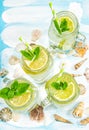 Cocktail drink lemon mint ice Summer lemonade sea shells decoration Royalty Free Stock Photo