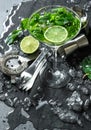 Cocktail drink with lime, mint,ice. Bar accessories Royalty Free Stock Photo