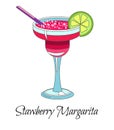 Cocktail drink, strawberry margarita with lime and straw, isolated icon Royalty Free Stock Photo