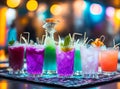 Cocktail drinks on a bar with bokeh background