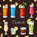 Cocktail drinks set in different glass in hand drawn sketch style. Alcoholic drinks in glasses in vintage drawing vector Royalty Free Stock Photo