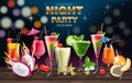 Cocktail drinks Vector realistic banner. Night party template with summer drinks collection. 3d illustrations Royalty Free Stock Photo