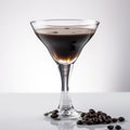 Cocktail Espresso Martini. Decorated espresso cocktail drink white foam coffee bean.