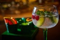 Cocktail experience featuring chilled gin and tonic with raspberries, mint, and lime Royalty Free Stock Photo