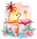 Cocktail and Flamingo vintage card background, tropic palm trees generated by AI Royalty Free Stock Photo