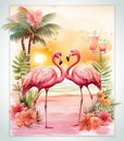 Cocktail and Flamingos couple vintage card background, tropic palm trees generated by AI Royalty Free Stock Photo