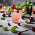 A cocktail garnished with a sprig of fresh mint and a maraschino cherry2