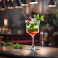 A cocktail garnished with a sprig of fresh mint and a maraschino cherry1