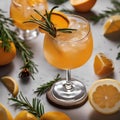 A cocktail garnished with a sprig of fresh rosemary and citrus peel twist3