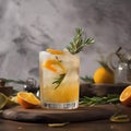 A cocktail garnished with a sprig of fresh rosemary and citrus peel twist1