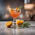 A cocktail garnished with a sprig of fresh rosemary and citrus peel twist2