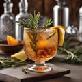 A cocktail garnished with a sprig of fresh rosemary and citrus peel twist4