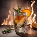 A cocktail garnished with a sprig of rosemary and a flaming twist of orange peel1