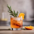 A cocktail garnished with a sprig of rosemary and a flaming twist of orange peel3