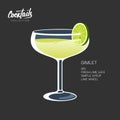 Cocktail Gimlet glass lime wheel black vector illustration Royalty Free Stock Photo