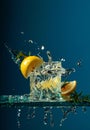 Cocktail gin-tonic with lemon and rosemary on a glass table